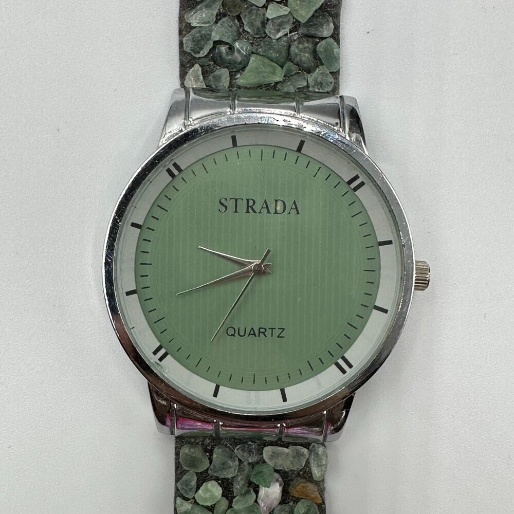 3/$30 Strada Watch Women Silver Tone Green Stone Chip Magnetic Band